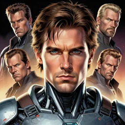 dynamic macro head portrait of dangerous christopher reevee half cyborg sci - fi armor by cory walker and ryan ottley and jack kirby and barry windsor - smith, comic, illustration, photo real