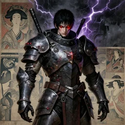 composition of gothic and futuristic young man, warhammer, cyberpunk japan style armor, more and more scars, thunderstorm, black head, fire eyes, some red and purple, the middle ages, highly detailed, artstation, in the style of moebius, jugendstil and classic japanese print, art by rene magritte and jean delville