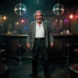 the full - body shot of drunk crazy smiling old wrinkled unkempt detective ( ( ( ( joaquin phoenix ) ) ) ) with friendly mutton chops worn in grey jacket and white shirt in dark steampunk fallout disco bar, cinematography of christopher doyle, frostpunk, neon gloomy light, discoball reflections, anamorphic, optical flares, kodak film, 8 k