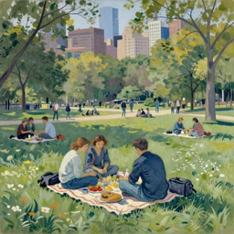 people having a picnick in a city park on a clear day, in post - impressionist style