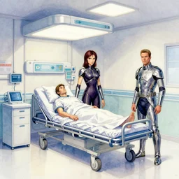hospital, colorful watercolor. by rembrant, battle angel alita, ralph mcquarrie, aluminum, 1 6 6 7