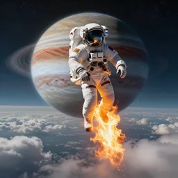 nasa astronaut burning up while dropping through the majestic clouds of jupiter, by cedric peyravernay, highly detailed, excellent composition, cinematic concept art, dramatic lighting, trending on artstation