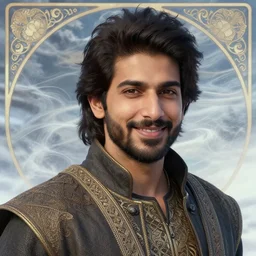 close up portrait, friendly avan jogia prince mage, abstract winter wind background, ornate alphonse mucha, rhads, ross tran, artstation, artgerm, octane render, 1 6 k
