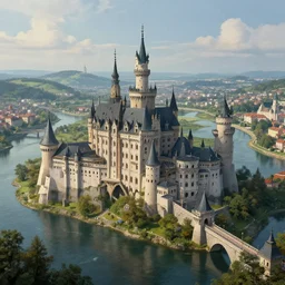 Hyperdetailed Matte Painting of Castle City Landscape surrounded by river water, in style of Thomas Kinkade and Marc Simonetti, CGSociety, ultrafine details, global illumination, cinematic shot, Unreal Engine 5, Trending on Artstation