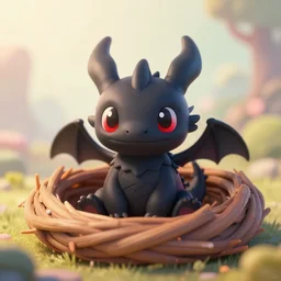 a portrait of a cute happy tiny black chibi dragon inside a nest, red eyes, artstation, by magali villeneuve, by greg rutkowski, depth of field, beautiful lighting, pastel colors, bokeh, fantasy art