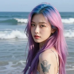 beautiful modern asian girl with tattoo's and blue pink purple long hair looking in the camera with sea with big waves in the background, portrait, 8 k, digital art, detailed realistic eyes.