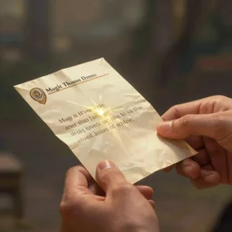 Closeup shot of a mysterious letter being handed from one person to another, magic the gathering, digital painting, card game illustration