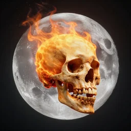 a floating flaming skull on the moon, photorealistic