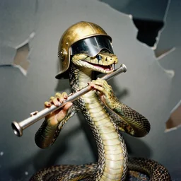 a high definition film photograph of a snake playing a flute. happy. metal visor covering eyes. metallic shiny gold coloured helmet. crushed shadows.