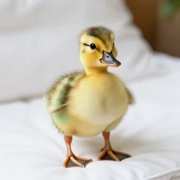 a cute rainbow duckling standing on a white pillow