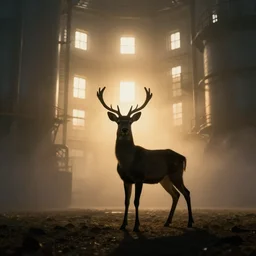 a weak silhouette of a small deer standing majestic outside a mega large industrial room with small windows, golden light, thick mist, backlit, insane details, hyperrealistic photo by jimmy nelson, trending on artstation