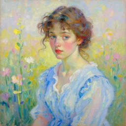a portrait of a beautiful woman, intimate, lovely, painting by jeremy mann, van gogh, digital painting, faded color disposition, vibrant neon pastel, blue dress, field of flowers