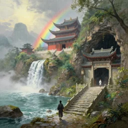 a gorgeous landscape painting by barlowe wayne, maxfield parrish and marco mazzoni. chinese temple. rainbow, rainy mood!! sunny morning. a lonely chinese wuxia walks on the winding stone steps, stone gate to the dark cave, 3 d, octane render, turbulent lake, waterfall, fog, 8 k.