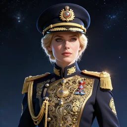 beautiful portrait of a female officer wearing a fancy naval uniform, art by greg rutkowski and alphonse mucha, science fiction, intricate detail, blonde hair, space background, trending on artstation, sharp focus, illustration, caustics, octane render, radiant light, 4 k