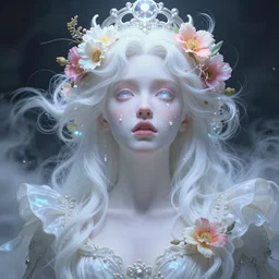 a colorful and vibrant majestic white queen drops a tearwith flowers on her hair, open wide eyes, glowing light orbs, intricate concept art, elegant, digital painting, smooth, sharp focus, ethereal opalescent mist, outrun, vaporware, cyberpunk darksynth, ethereal, ominous, misty, 8 k, by charlie bowater, 8 k, rendered in octane