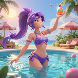 pool party Akali catching the Hawaiian sun (League of Legends). 3d render, octane render, iRay, ray tracing, realistic, highly detailed, trending on artstation, 4k, cgsociety, unreal engine 5, redshift render, blender cycles, behance, cg