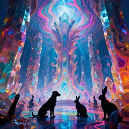interior mythical crystal temple, dog and rabbit silhouettes, psychedelic waves, synthwave, bright neon colors, highly detailed, cinematic, eyvind earle, tim white, philippe druillet, roger dean, ernst haeckel, lisa frank, aubrey beardsley, kubrick
