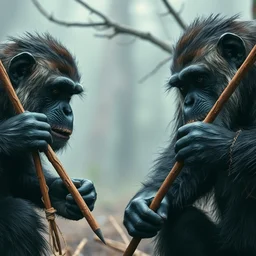 apes with sharpened sticks hunting