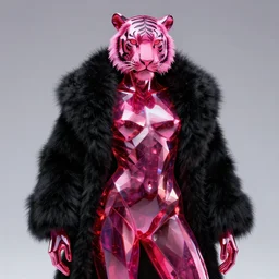 photo of baroque and bladerunner geometric neon ruby sculpture of seductive orgasmic albino king adrien sahores tiger pink iridescent humanoid deity wearing black fluffy hoody holding diamond skull in a black metallic dungeon, reclining, glowing rainbow face, crown of white diamonds, cinematic lighting, photorealistic, octane render 8 k depth of field 3 d