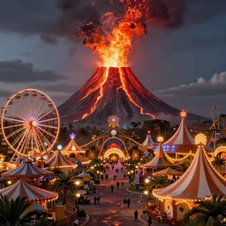 a theme park in pre historic earth, erupting volcano, ferris wheel, lights, carnival, digital art by david harrington