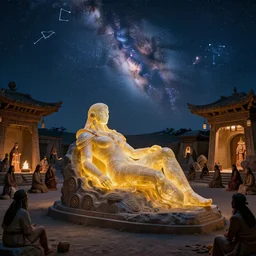 Internally illuminated Titan-sized resin-epoxy statue of a futuristic warrior rests in the middle of an ancient nomadic tribal village at night full of worshipping villagers. 1100 AD. The Milky Way Galaxy is visible in the night sky along with many constellations and nebulas. Cinematic, Award winning, ultra high resolution, intricate details, UHD 8K. Hidden message.