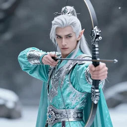 portrait of a handsome male snow elf in a turquoise cape and silver ornate armour as an archer, albino skin, winter vibes, perfect face, big forehead, elegant, very coherent symmetrical artwork, atmospheric lighting, rule of thirds, by wenjun lin, krenz cushart, charlie bowater, trending on artstation