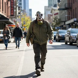 man in a gasmask screaming walking down the streets of seattle, sunlight, sunny day, full shot