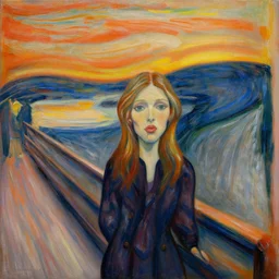 a painting of a female asa Butterfield mixed with pam beesly by edvard munch