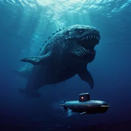 environment in the ocean, a huge monster of the deep emerges out of the darkness of the deep ocean waters to attack a small submarine, Beksiński, Achenbach, horror, cinematic lighting, Technicolor, crepuscular rays