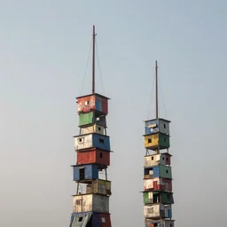 two suspending towers made up of colourful makeshift squatter shacks, mamiya 8 5 mm, f 1. 7, late afternoon sun, misty, uniform plain sky, fine details, photographed by julie blackmon