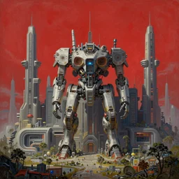ultra realist intricate detailed landscape painting of an alien world, red sky with mech buildings and cyborg tech, symmetry accurate features, very intricate details, bokeh focus, 8 k render, artstyle geoff taylor, award winning