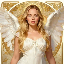 A full portrait of Margot Robbie as an angel, intricate, elegant, highly detailed, digital painting, artstation, concept art, smooth, sharp focus, illustration, art by Krenz Cushart and bouguerea and alphonse mucha