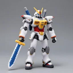 a crochet mecha with a crochet sword, realistic, no cropping, full body, Sigma 50 mm f/1.4