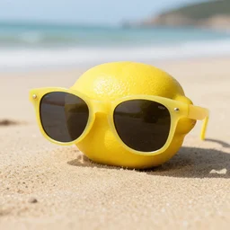 a lemon wearing sunglasses at the beach