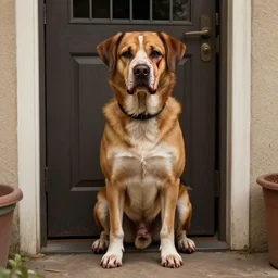 dog with blood on face staying on bottom legs near door with gate value, concept art, trending on artstation, highly detailed, intricate, sharp focus, digital art, 8 k