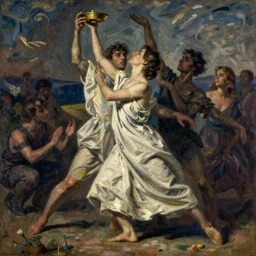 german expressionist dance of a votive offering to euterpe, clothed figure, artwork by franz von stuck