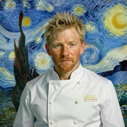 A portrait of Gordon Ramsay wearing a chef uniform, painted by Vincent van Gogh