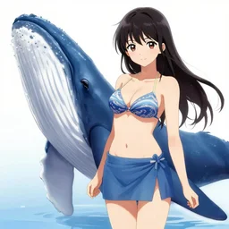 a woman in a bikini top and skirt standing next to a whale, a character portrait by Jin Homura, featured on pixiv, mingei, booru, official art, pixiv