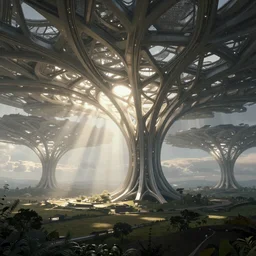 futuristic branching and webbed and vaulted structure stretching out across the countryside, beautiful dynamic lighting, cinematic, wide angle establishing shot, extremely high detail, photo realistic, cinematic lighting, post processed, concept art, artstation, matte painting, style by eddie mendoza, raphael lacoste, alex ross, volumetric lighting, light rays, photorealistic, ultrarealistic, moody, coronarender, 8k