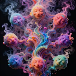 colorful liquid smoke morphing into happy sleeping faces, extremely colorful psychedelic experience, dmt, psilocybin, lsd, intricate, elegant, highly detailed, digital painting, artstation, smooth, sharp focus, illustration, art by krenz cushart, hana yata, octane render, unreal engine, 8 k