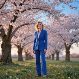 liz truss wearing a blue suit standing in a field of cherry blossom trees, heavenly glow, soft focus, surreal photography, sunrise, blue sky, dramatic light, photo manipulation, hdr, digital painting, artstation, simon stalenhag