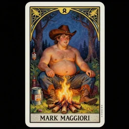 an ethereal dreamy dark tarot card painting of a shirtless handsome goofy cowboy with a chubby build and belly | sitting | background is a serene campfire | tin cans and jugs of whisky | tarot card, art deco, art nouveau | by Mark Maggiori  | trending on artstation