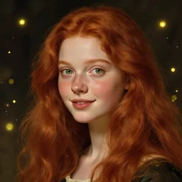 portrait of a red haired girl, long hair, green eyes, hint of freckles, beautiful round face, soft amazed smiles, among golden fireflies, highly detailed, deep focus, elegant, digital painting, smooth, sharp focus, golden ratio, illustration, ultra realistic, 8 k, art by artemisia lomi gentileschi and caravaggio