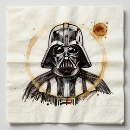 a napkin doodle of darth vader, coffee stain on napkin