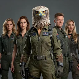 epic professional digital portrait of female anthropomorphic human - eagle hybrid, wearing human air force jumpsuit, humanoid feathered head, eagle beak, by lisa roet, leesha hannigan, wayne haag, iris van herpen, artstation, cgsociety, epic, much wow, much detail, gorgeous, detailed, cinematic, masterpiece
