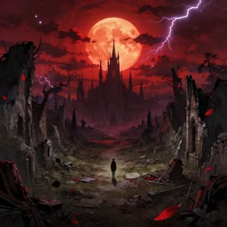 abandoned bloodborne old valley with a person at the centre and a ruined gothic city at the end of the valley, trees and stars in the background, falling red petals, epic red - orange moonlight, perfect lightning, wallpaper illustration by niko delort and kentaro miura, 4 k, ultra realistic