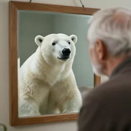 a picture of an old man staring at the mirror but only seeing a polar bear in his reflection