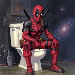 Deadpool sitting on the toilet in galaxy, by studio ghibli