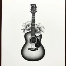 guitar and flower art, tattoo style, on white paper, detailed, realistic, complete symmetry