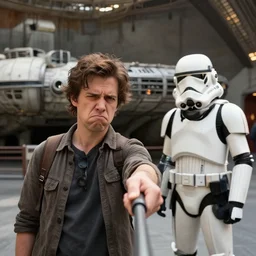 selfi stick photography of an annoying tourist visiting the death star ( star wars ), highly detailed, photorealistic